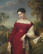 Portrait of a young lady in a red dress with a paisley shawl